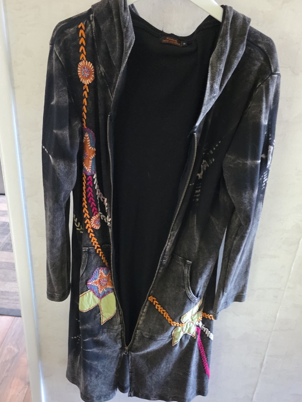 Rising International Black Hooded Long Jacket with Colorful Embroidery